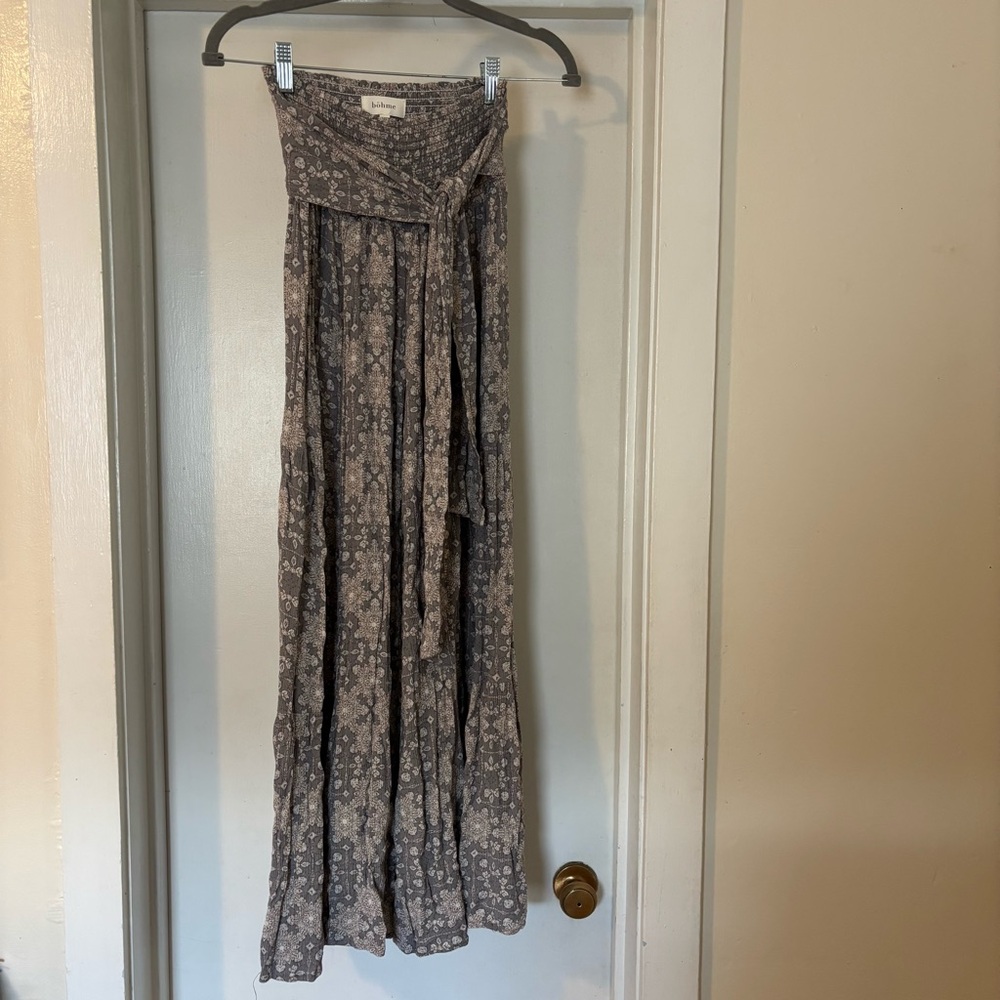 Bohme Floral Wide Leg Pants in Blue/Gray with tie around waist